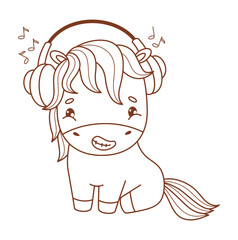 Outline Happy Horse in Headphones. Cute Adorable Little Pony Kawaii Animal. Line drawing, coloring book. Vector illustration. Kids collection. Not AI