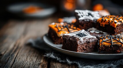 Halloween-themed dessert display with brownies decorated with black and orange icing in spooky spider designs