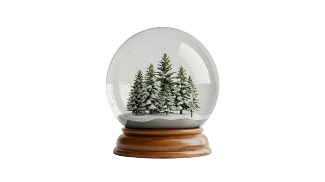 A festive oval shaped snow globe containing a miniature winter forest scene with snow covered pine trees isolated on transparent background