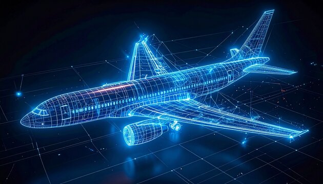 Futuristic digital rendering of airplane in glowing blue, viewed from above with HUD-style overlays, circular grids, and data points suggesting aerospace technology and simulation.