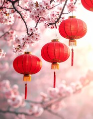 Obraz premium Red paper lanterns float like glowing balloons in the dark sky, a beautiful new year's celebration decoration over a Chinese temple roof