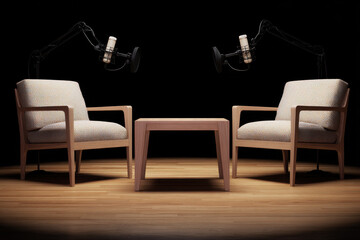 Two comfy chairs and microphones in a modern podcast interview .