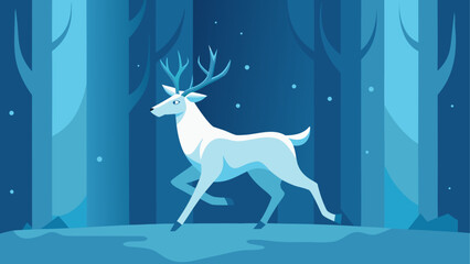 White deer running through a blue forest