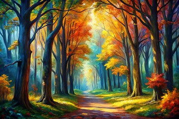 Painting of a forest with trees and a path