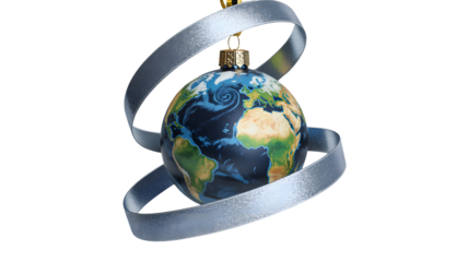 Christmas ornament shaped like the earth wrapped in a silver ribbon isolated on transparent background