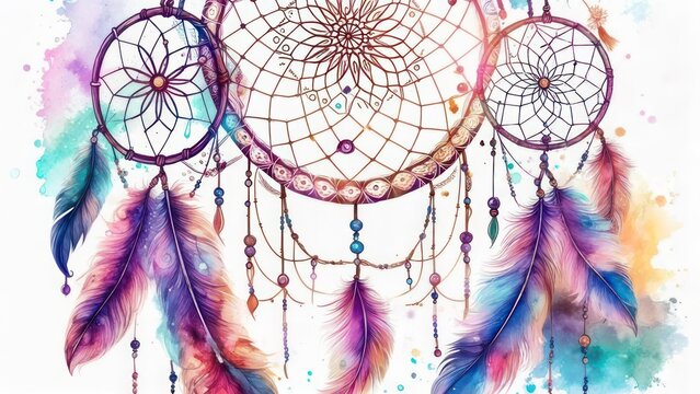 Dream catcher with feathers and beads in watercolor style