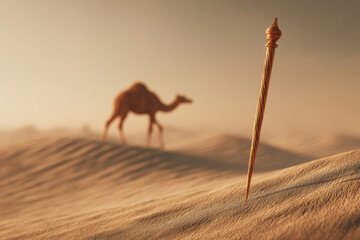 single pin on desert with blur camel background.
