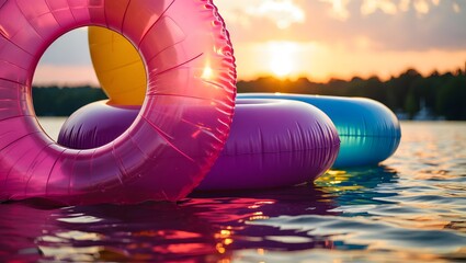 Colorful pool floats on water at sunset creating a relaxing summer vibe image