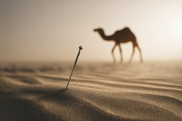single pin on desert with blur camel background.
