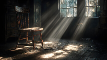 Wooden Chair in a Dark Room with Sunlight Streaming Through a Window