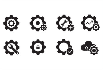 A collection of black gear and settings icons in a minimalist flat style. This set includes various configurations such as gears with tools, locks, check marks, and network connections, representing c
