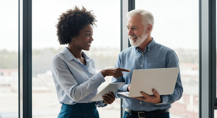 Two business professionals engaged in collaborative discussion within a bright office setting, using laptop and tablet