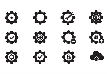 A collection of black gear and settings icons in a minimalist flat style. This set includes various configurations such as gears with tools, locks, check marks, and network connections, representing c
