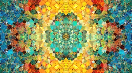 A vibrant, colorful mosaic of geometric shapes and patterns, featuring a mix of warm and cool colors, set against a contrasting background.