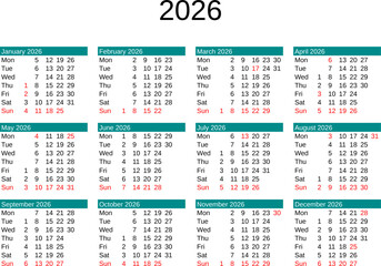 year 2026 calendar in English with United Kingdom holidays