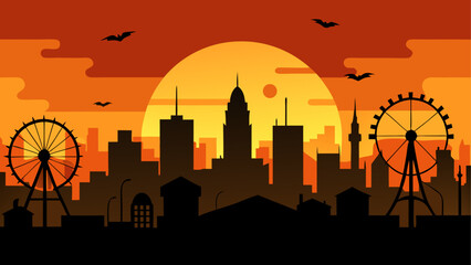 Naklejka premium City skyline with ferris wheels at sunset