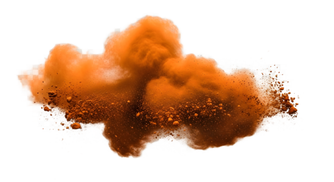 Dynamic burst of orange powder creating a cloud of floating particles, a colorful dust plume captured in frozen motion and isolated on a transparent background