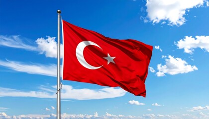Red flag, white crescent moon and star, billowing in blue sky