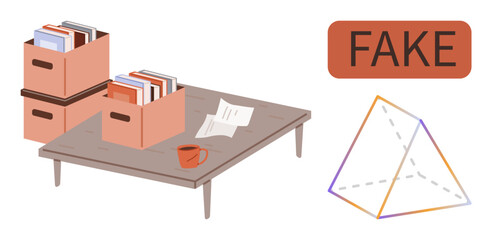 Wooden desk holds boxes of documents, a red coffee mug, and scattered papers. Geometric pyramid outline and bold FAKE label. Ideal for education, work organization, analysis, authenticity, fraud