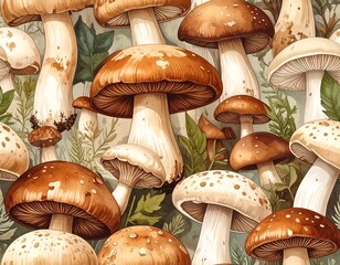 Detailed illustration of various mushrooms and foliage