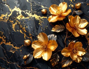 Złote kwiaty na czarnym, marmurowym tle ze złotymi pęknięciami