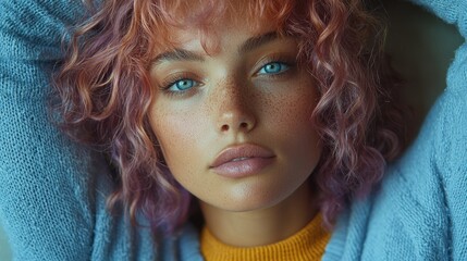 Closeup portrait of young woman with curly pink hair, freckles, and blue eyes wearing cozy sweater and yellow shirt