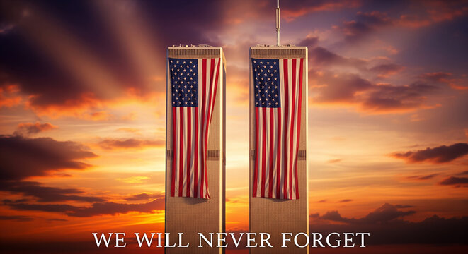A solemn depiction of the Twin Towers with the American flag, a poignant reminder of a tragic event