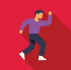 Casual young man running fast, dynamic pose with long shadow, flat design illustration on red background