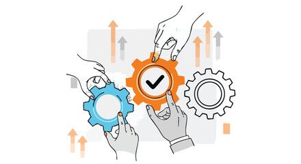 Hands of a team collaborating to assemble gears, symbolizing business process, teamwork, and progress.