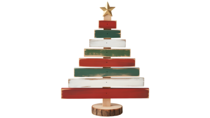 Rustic wooden christmas tree decoration with star topper isolated on transparent background