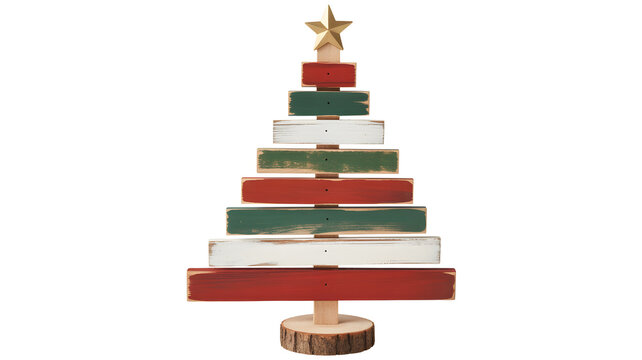 Rustic wooden christmas tree decoration with star topper isolated on transparent background
