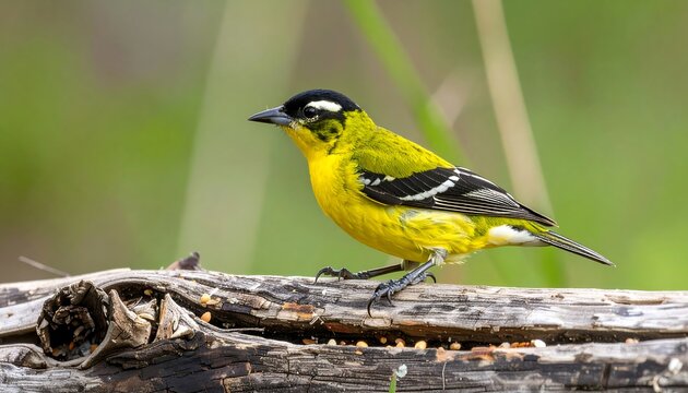 Small yellow bird perched on a log