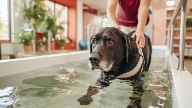 Senior labrador undergoing hydrotherapy session in rehabilitation pool