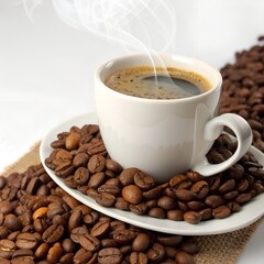 Fototapeta premium Aromatic Coffee: Beans, Cup, and Steam