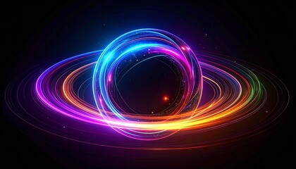 Obraz premium A colorful glowing abstract sphere spinning in the darkness, resembling a neutron star. The orb radiates vibrant light in multiple hues—blue, purple, pink, orange, and green—swirling together.