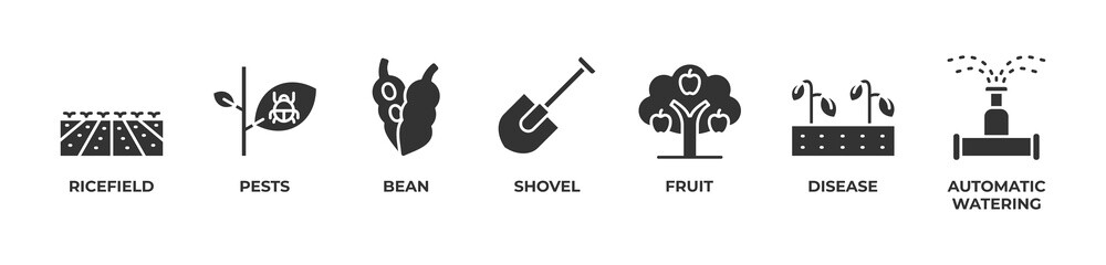 Healthy Fields Management Icons set vector illustration glyph with icefield, Pests, Bean, Shovel, Fruit, Disease, Automatic watering 