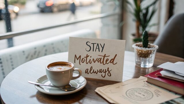 Cozy coffee shop table featuring motivational sign, hot drink, natural light, and lush plant, perfect for work or relaxation - Powered by Adobe