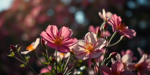 Fototapeta premium Floral Symphony: A close-up captures a profusion of delicate pink and white flowers, their petals bathed in sunlight, creating a symphony of colors, textures, and forms.