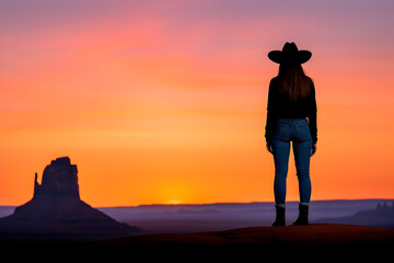 Cowgirl admiring stunning desert sunset in Monument Valley, feeling free and inspired by the incredible vista