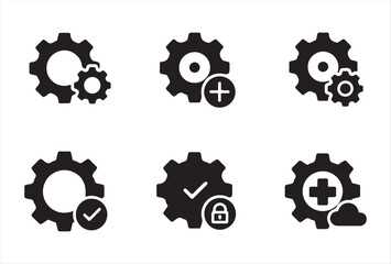 Modern settings icon set featuring multiple gear variations. The icons include gears with plus signs, locks, check marks, and connected mechanisms, symbolizing options, preferences, and configurations