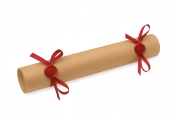 Rolled paper scroll representing diploma or certificate, secured with red ribbon and wax seal, achievement concept