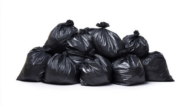 Pile of black garbage bags on white background. Artificial intelligence image