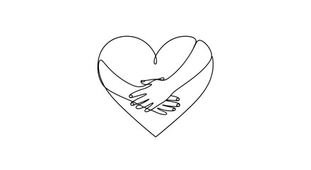Continuous line drawing of a heart with embracing arms isolated on white