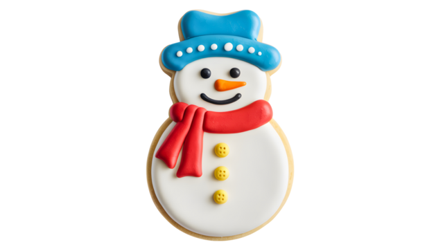 Festive christmas snowman cookie with blue hat and red scarf isolated on transparent background - Powered by Adobe