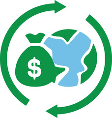 Green money bag with a dollar sign and a blue globe encircled by green arrows, representing global finance.