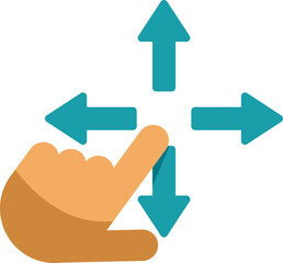 Hand with index finger extended, indicating multiple directions with four arrows, symbolizing navigation, choice, or control
