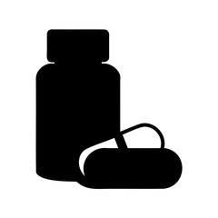 Silhouette icon of a bottle and capsule representing medicine and health