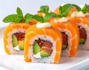Salmon avocado sushi rolls, garnished with mint and mayo
