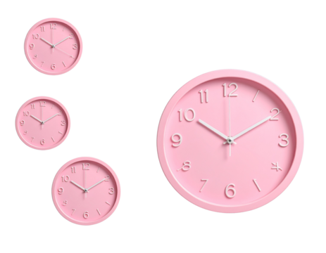 Hyper-realistic PNG of several pink wall clocks arranged as if suspended or falling