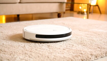 Robotic vacuum cleaner on beige carpet